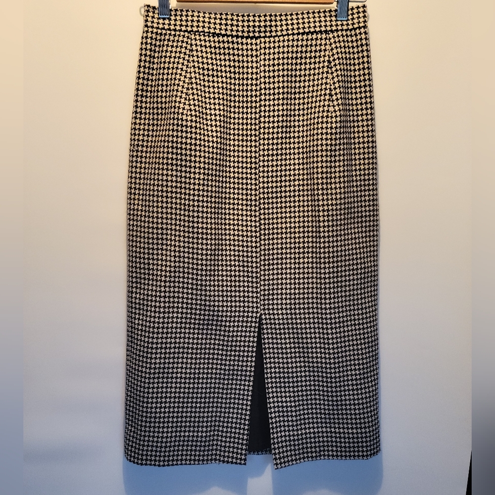 Vintage wool houndstooth handmade knit slit skirt navy ivory wool midi pencil